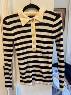 J. Crew Black and Cream Striped Rib-Knit Polo Sweater